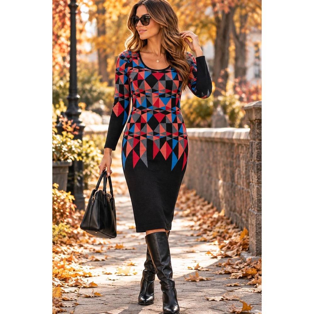 Plenty by Tracy Reese Geometric Knit Sweater Dress Red Blue Black Medium